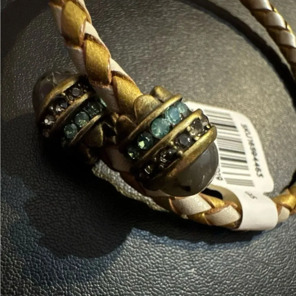 LOFT Braided Leather Rhinestone Memory Wire Wrap Bracelet.